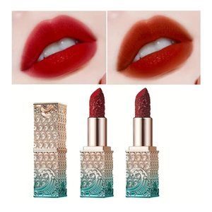 Luxury Blue Silver Ocean Cased Carved Velvet Red Tomato & Brown Lipsticks